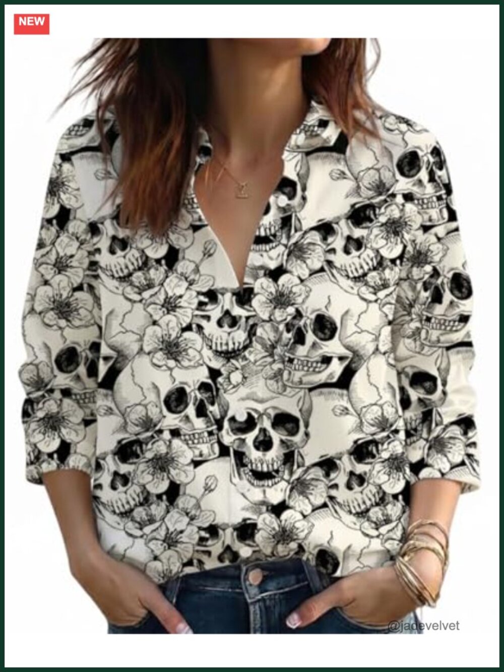 Halloween Button Down Shirt 3/4 Sleeve Lapel Collar Woven Blouse Fall